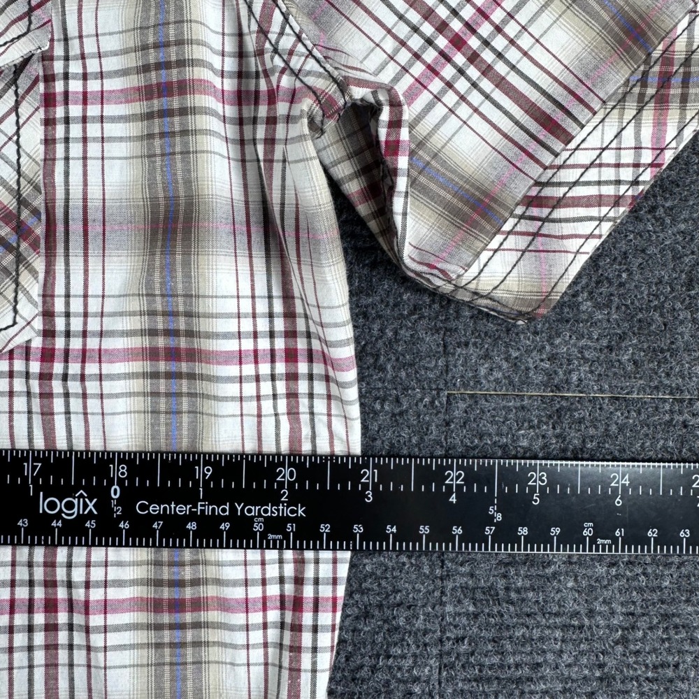 7 Diamonds Afterglow Mens Large Plaid Western Snap Short Sleeve Shirt Tan Red - Picture 11 of 13